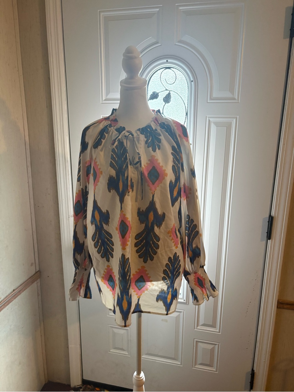 First Love Cream Blouse with Blue and Pink Ikat Print